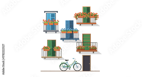 Charming balconies overflowing with vibrant flowers and a bicycle parked below create a picturesque urban scene