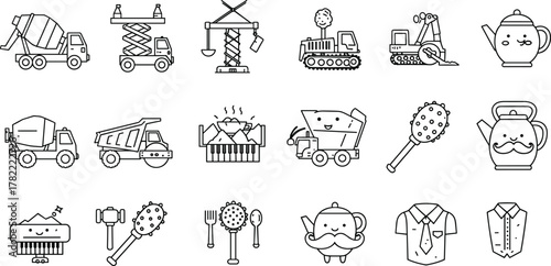 Cute black and white construction vehicles, kitchen utensils, musical instruments, and clothing icons set with cartoon faces and outlines