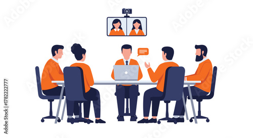 Diverse team collaborates on project via video conference in modern meeting room, fostering connection and innovation