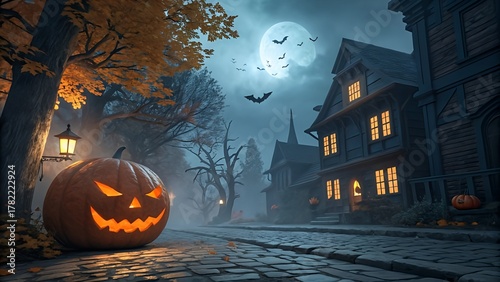 Spooky Halloween Street with Glowing Jack O’Lantern and Full Moon