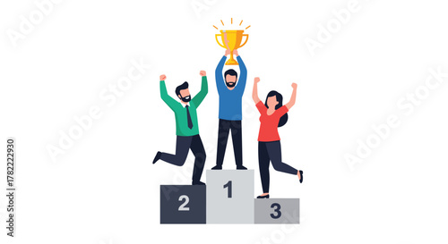 Joyful team celebrates winning championship trophy atop podium, achieving top business success and triumph
