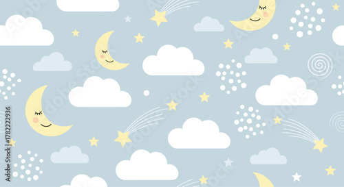 Cute seamless pattern with sleeping crescent moons, shooting stars, white clouds, and dots on a pale blue background.