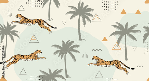 Seamless pattern featuring playful cheetahs running and relaxing among palm trees and abstract geometric shapes, creating a modern tropical design.