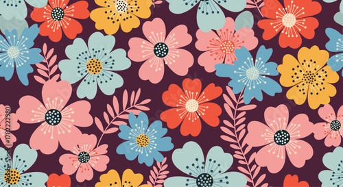 Seamless floral pattern with stylized colorful flowers and leaves on a dark purple background, perfect for textiles or digital design.