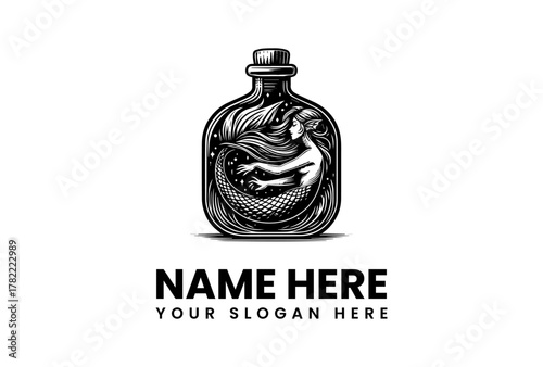 Enchanting Mermaid in a Glass Bottle Vector Logo Design - Mystical Siren Ocean Fantasy Graphic Emblem Artwork
