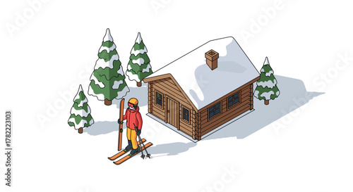 Winter adventure awaits: skier stands ready by cozy snow-covered cabin surrounded by evergreen trees