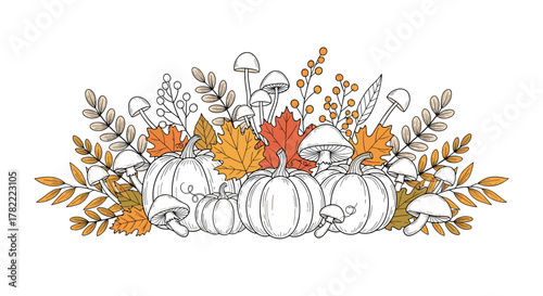 A decorative autumn harvest arrangement featuring outline pumpkins and mushrooms surrounded by colorful fall leaves and berries, celebrating the season.