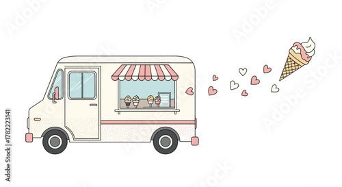 Charming vector illustration of a pastel ice cream truck selling sweet treats, with a whimsical floating ice cream cone and heart shapes.