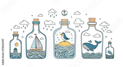 Whimsical marine-themed illustration with a lighthouse, sailboat, bird, and whale each bottled, accompanied by rainy clouds and an anchor.