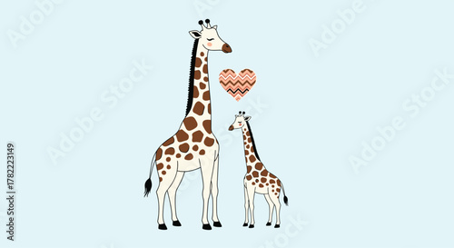 A loving illustration of a mother giraffe and her baby standing together with a patterned heart, symbolizing warmth and family bonds.