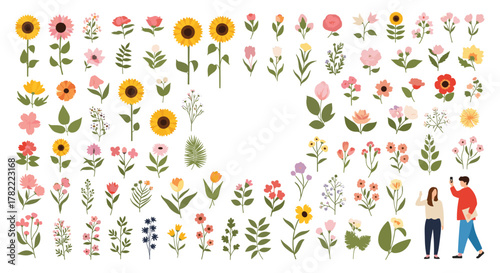 A diverse set of colorful flat-style flowers and foliage forming a decorative border, with two people interacting with the natural elements.