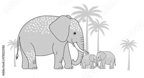 A majestic adult elephant with two adorable calves stands in a tropical landscape, their bodies adorned with unique white spots.