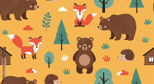 Cute cartoon forest animals and nature elements create a cheerful seamless pattern on a yellow background for kids' designs.