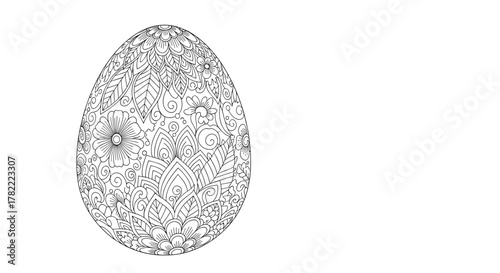 Intricate floral and leaf patterns decorate this Easter egg outline, perfect for adult coloring books and creative projects.