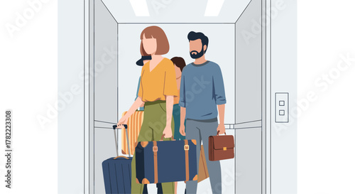 Diverse group of travelers with luggage confidently entering an elevator, ready for their journey