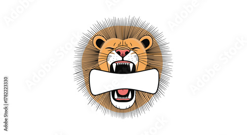 Fierce roaring lion head illustration holding a blank customizable banner in its mouth, perfect for a strong message or brand emblem.