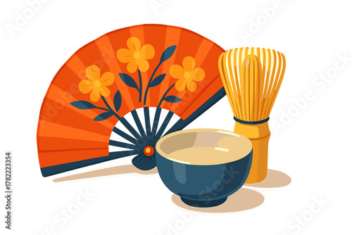 Traditional Japanese tea ceremony set with matcha bowl, bamboo whisk, and decorative folding fan