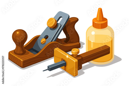 Woodworking tools: hand plane, marking gauge, and wood glue bottle for carpentry projects