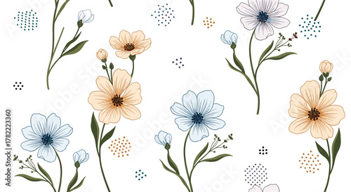 Delicate hand-drawn floral pattern featuring light blue and peach-colored flowers with scattered dotted elements on a white background.