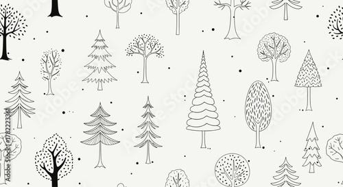 Hand-drawn seamless pattern of various doodle trees with scattered dots on a light background, perfect for nature-themed designs.