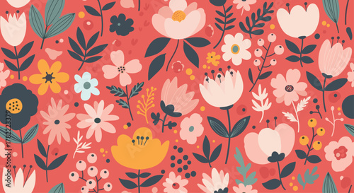 A charming and colorful seamless pattern featuring various stylized flowers and leaves in a modern, flat illustration style, perfect for textile and fabric designs.