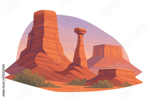 Stylized desert landscape with towering sandstone buttes and mesas under a warm twilight sky