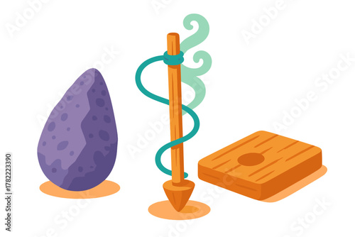 Stylized primitive fire starting tools including a wooden spindle, hearth board, and large purple stone