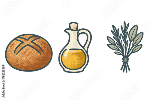 Rustic cooking set with bread loaf, olive oil cruet, and fresh herbs bundle