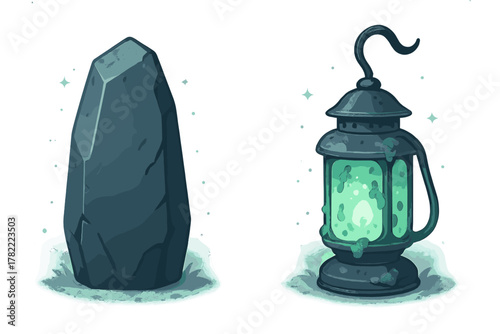 Ancient dark standing stone next to a mysterious glowing green metal lantern on a white background