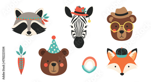 Cute cartoon animal heads featuring various accessories like hats, glasses, and headbands, alongside decorative elements on a white background.