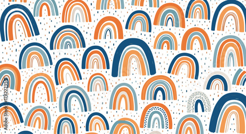 Seamless pattern of hand-drawn rainbows in a muted blue and orange color palette with scattered dots on a white background, perfect for textiles or digital design.