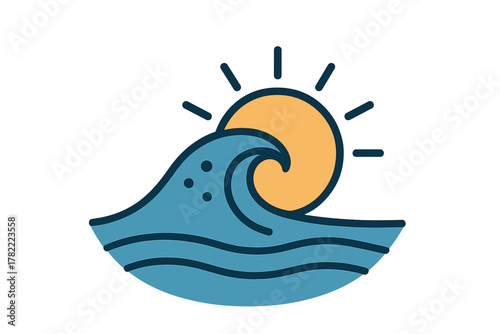 Bright yellow sun and large blue ocean wave cresting symbolizing summer vacation and tropical travel