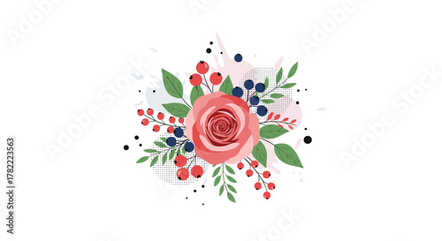 A beautiful illustration of a vibrant floral bouquet featuring a pink rose, red berries, blue berries, and lush green leaves with abstract accents.