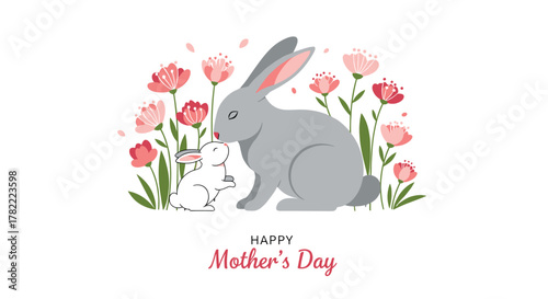 A heartwarming illustration of a mother rabbit gently nuzzling her baby amidst delicate pink flowers, celebrating Mother's Day with love.
