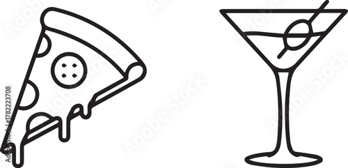 Minimalist Line Art: Slice of Pizza with Melting Cheese and Martini Glass with Olive on White Background                                              