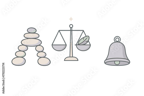 Minimalist symbols of wellness, spirituality, and harmony featuring zen stones, balance scale, and bell