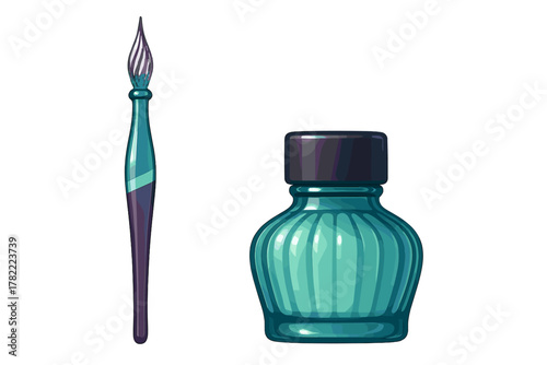 Vintage style glass dip pen and ribbed turquoise inkwell isolated on white background