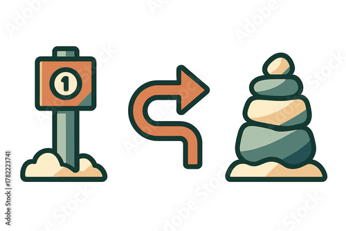 Sequential step one sign, curved arrow indicating change of direction, and balanced zen stones