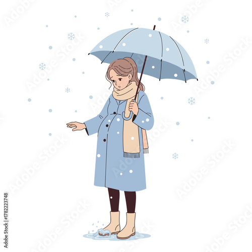 A pregnant woman outside in slushy snow, discussing the concept of winter pregnancy safety, cold risks, and maternity care.  