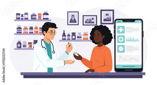 Pharmacist hands pills to customer in modern pharmacy, digital health app on phone screen nearby