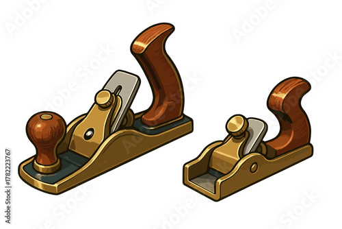 Classic carpenter's tools including a bench plane and a block plane with wooden handles