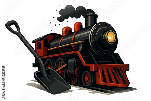 Vintage steam locomotive engine with a coal shovel leaning against the front