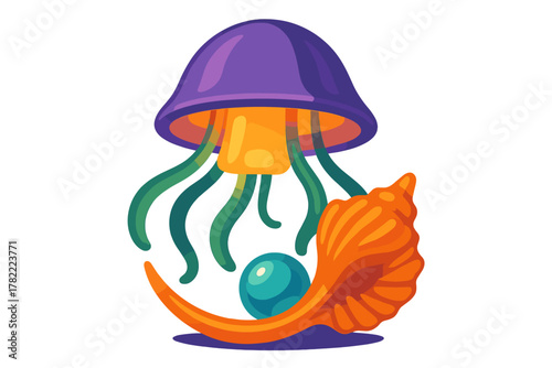 Colorful deep sea composition featuring a purple jellyfish, orange conch shell, and blue pearl