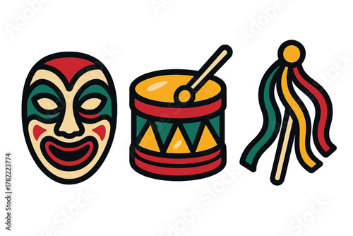 Vibrant traditional mask, decorated drum, and ribbon shaker icons for festival celebration