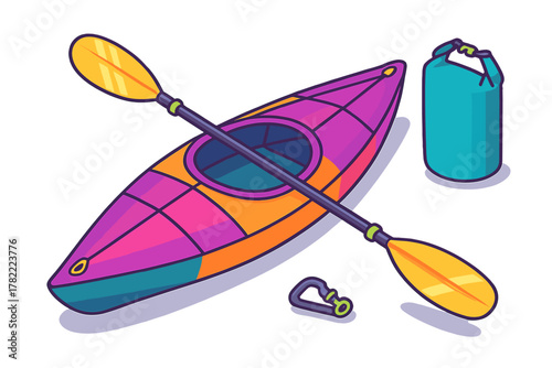Colorful kayak with paddle, waterproof dry bag, and carabiner clip for water sports adventure
