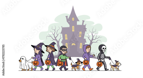 Joyful children in Halloween costumes trick or treating with their costumed dogs past a spooky haunted house