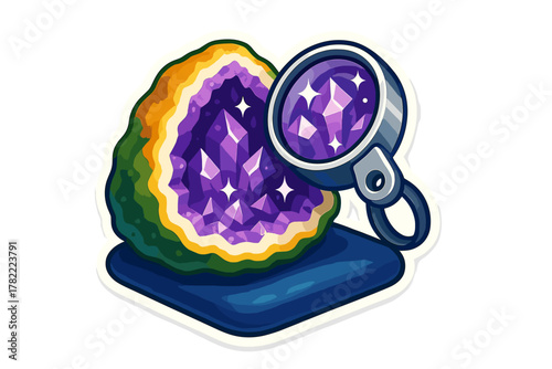 Sparkling purple amethyst geode cross section viewed under a magnifying glass