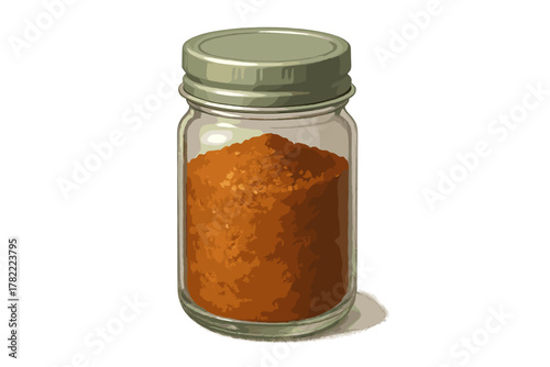 Small glass spice jar with a metallic lid filled with coarse orange seasoning granules isolated on white background