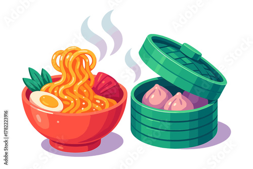 Steaming bowl of ramen noodles with egg and toppings next to a bamboo steamer filled with dumplings