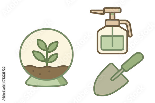 Essential tools for home gardening and plant care including a terrarium, sprayer, and hand trowel